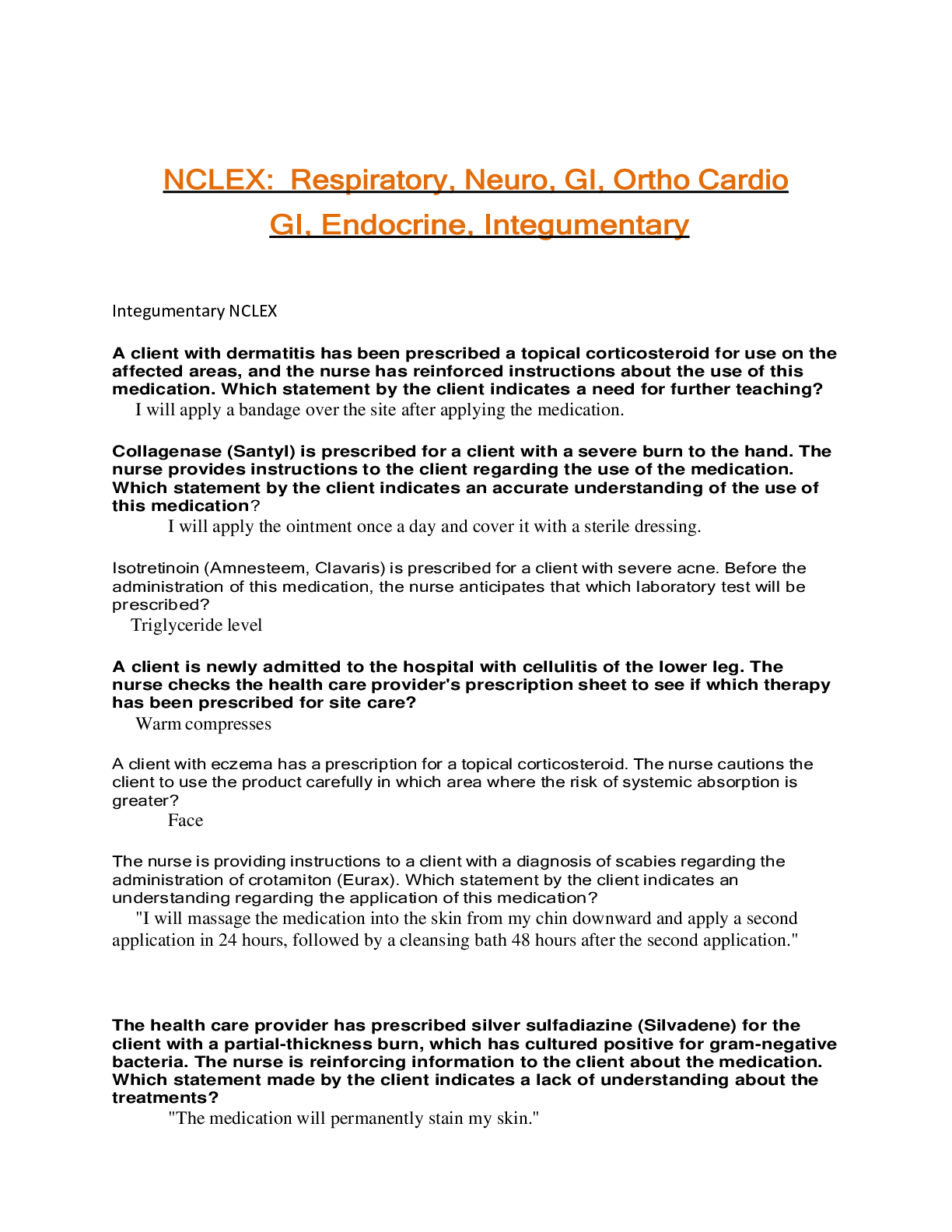 Preview image for 2021 NCLEX: Respiratory, Neuro, GI, Ortho Cardio GI, Endocrine, Integumentary